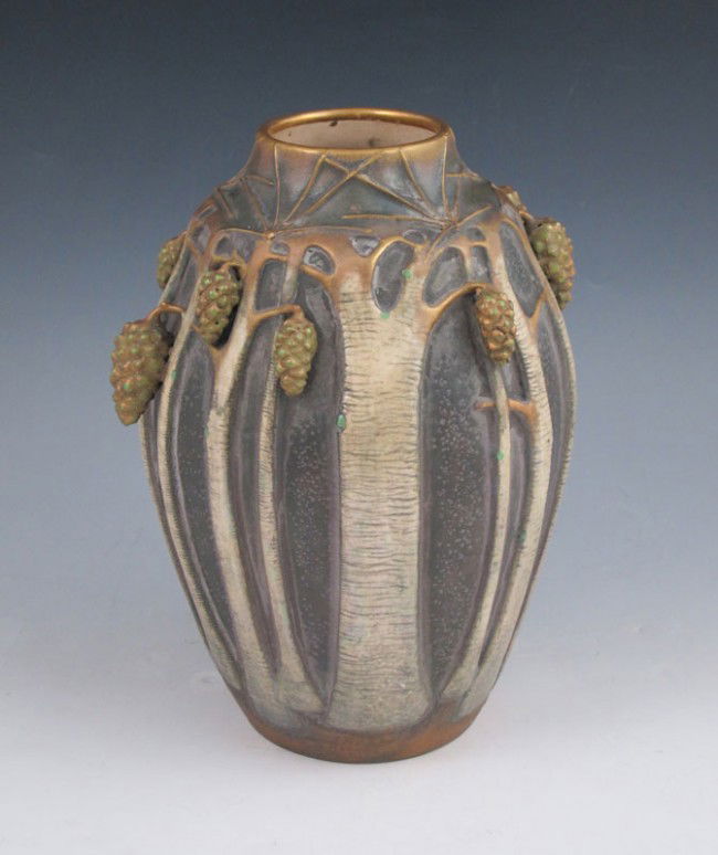 PAUL DACHSEL TEPLITZ AMPHORA VASE: PAUL DACHSEL TEPLITZ AMPHORA VASE: Stylized pine trees with applied pinecones. #2088. Partial red Teplitz stamp. 9" h. x 6 1/2".