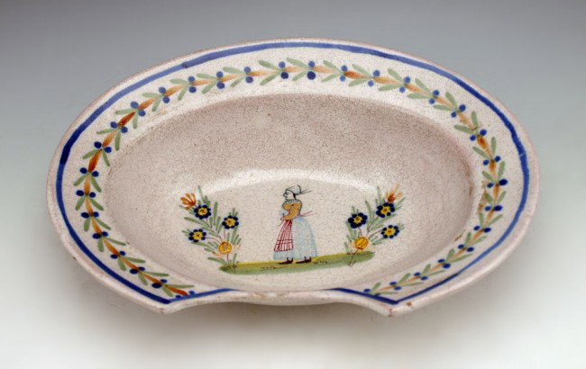 MALICORNE Pbx FRENCH FAIENCE SHAVING BOWL: MALICORNE Pbx FRENCH FAIENCE SHAVING BOWL: Pouplard - Beatrix factory in Malicorne France. PBx mark. 2 1/4"h. x 10 1/2"l.