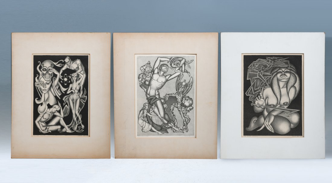 THREE HANNES BOK SURREAL EROTIC PRINTS: BOK, Hannes, (American, 1914-1964): Three Surreal Erotic Lithographs, to include: 1) "The Gray Powers", 20" x 13.5" with margin, pencil signed lower right, dated 1945, titled lower left, hinge-mounted