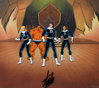 FANTASTIC FOUR ORIGINAL CEL SIGNED BY STAN LEE: FANTASTIC FOUR ORIGINAL PRODUCTION CEL SIGNED BY STAN LEE: Sight size 9.5'' x 11.5'', signed in the lower margin, framed, 17.5'' x 20''. Choice Collectibles Certificate of Authenticity affixed verso.