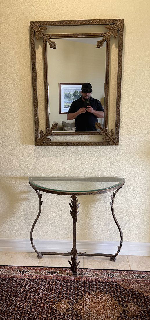 GLASS TOP IRON TABLE & WALL MIRROR (1 of 3)