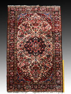 PERSIAN BORCHALOU HK WOOL RUG, 5'3" X 8'2": SEMI-ANTIQUE PERSIAN BORCHALOU HAND KNOTTED WOOL RUG, 5'3" X 8'2": The ivory ground has a central medallion surrounded by sprays of flowers in pink and red.