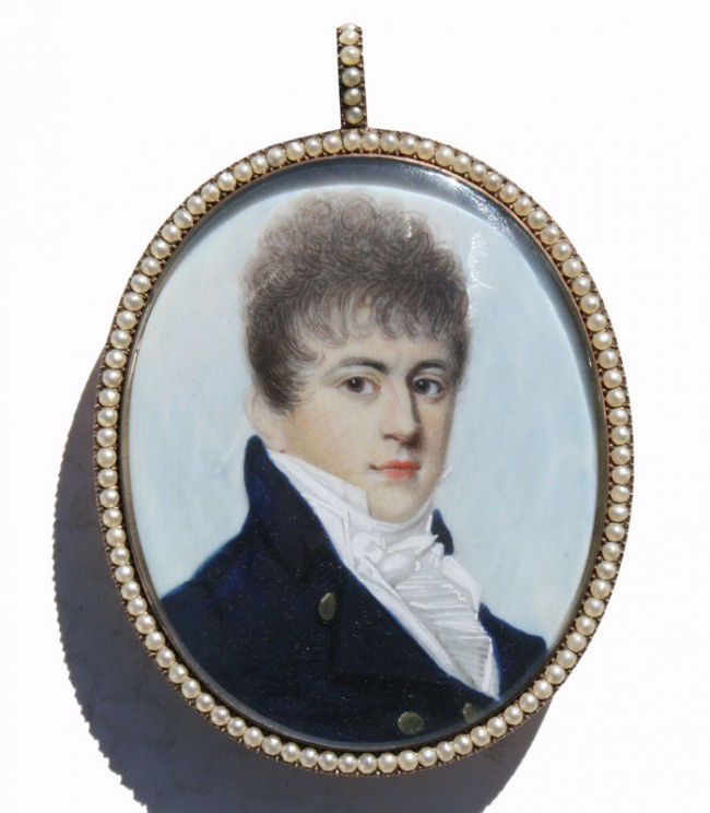 MINIATURE PORTRAIT PAINTING BY JOHN BARRY: BARRY, John, (English, 1784-1827): Portrait of a Gentleman Half-Length Facing Right Blue Coat, White Waist Coat and Frilled Cravat, image size 2 3/4'' x 2 3/8'', gold frame with pearled border and cob