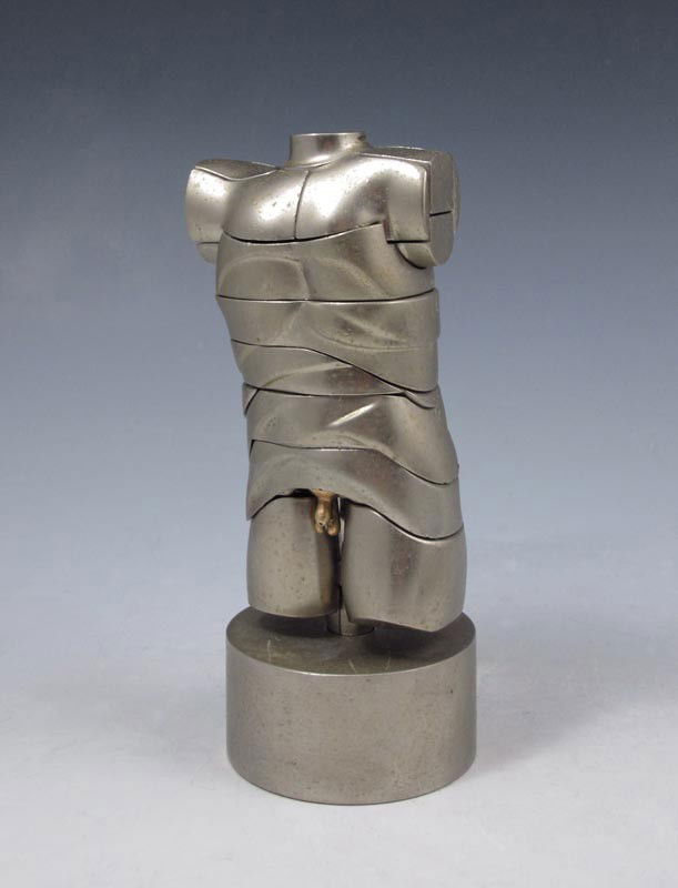 MIGUEL BERROCAL MINI DAVID SCULPTURE: BERROCAL, Miguel, (Spanish, 1933-2006): ''Mini David'' Nickel Plated Puzzle Sculpture with original instruction book, #650/9500, 1968, 5 1/2'' height, incised signature, numbered 2486.