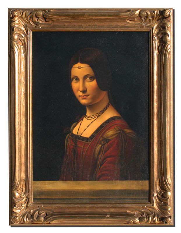 A. BIN OIL/CANVAS LA BELLE AFTER DA VINCI: PORTRAIT OF LUCRETIA CRIVELLI BY A. BIN AFTER LEONARDO DA VINCI: OIL/Canvas, 21 1/2'' x 15'', signed in the stretcher verso, encased in exceptional gilded and carved frame with repair, 27'' x 20''.