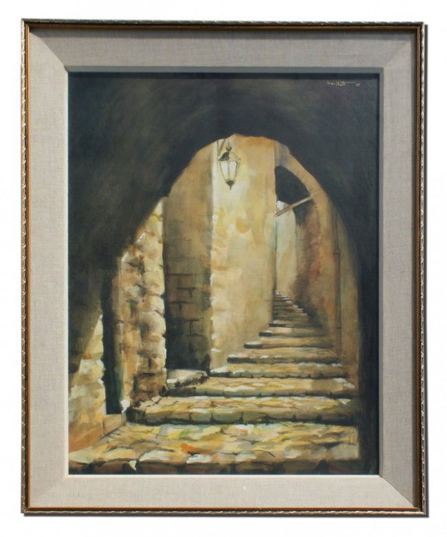 EARLY KAMAL BOULLATA JERUSALEM PAINTING: BOULLATA, Kamal, (Pakistan, 1942-): "Lantern and Winding Steps, an Alleyway in the Old City of Jerusalem", Exterior Stairwell Scene, Watercolor, signed, dated 1963, label with title verso, 'Jashan Bro
