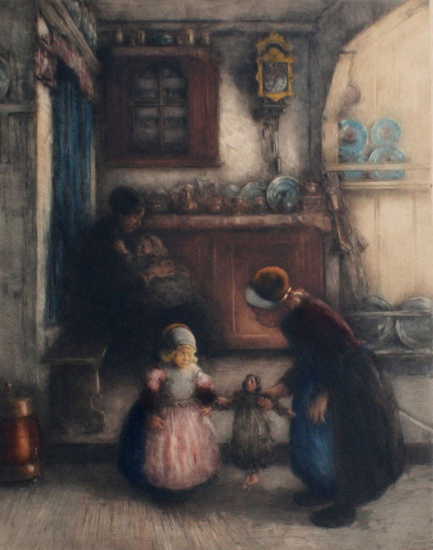 FRANZ CHARLET GENRE SCENE AQUATINT: CHARLET, Franz, (Belgium, 1862-1928): ''Playing with the Dolls'', Dutch Interior Genre Scene, Etching / Aquatint, sight size 24'' x 20'', pencil signed lower right, numbered 18 lower left, printed in 