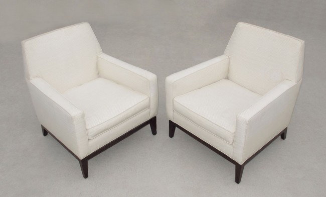 EDWARD WORMLEY FOR DUNBAR PAIR EASY CHAIRS: EDWARD WORMLEY FOR DUNBAR PAIR EASY CHAIRS: Upholstered, on wood legs. 31" h. x 27" x 30".