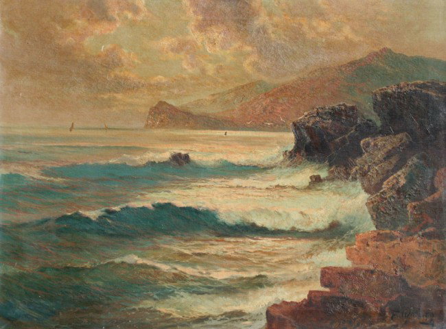 WALDEGG SEASCAPE PAINTING: WALDEGG, Franz, (Austrian, 1888-1966): "Off the Coast of Capri", Seascape, OIL/Canvas, 23 1/2" x 31 1/2", signed, title on label verso, distressed wood frame, 32" x 40 1/2".