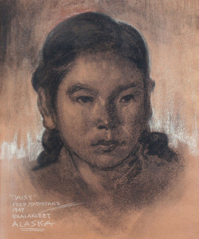 RARE FRED MACHETANZ DRAWING ESKIMO GIRL DAISY 47: MACHETANZ, Fred, (American, 1908-2002): Charcoal Portrait of Daisy, sight size 15 1/2'' x 12 1/2'', signed and titled ''Daisy'', picture of young Eskimo girl, dated 1947, marked Unalakleet, Alaska, un