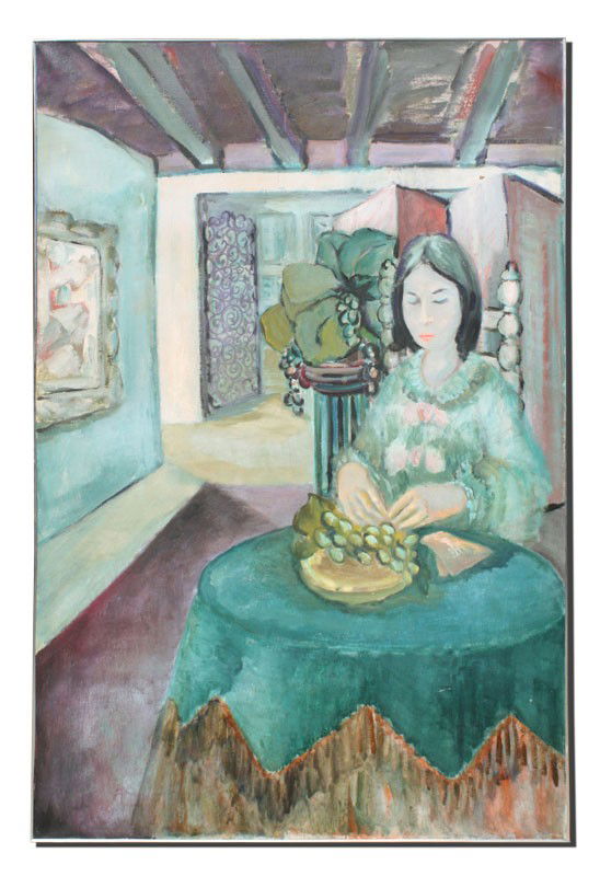 KIERSTEAD KUZULKA ORIENTAL GIRL PAINTING: KUZULKA, Kierstead, (American, 1905-1985): Oriental Girl in Interior, OIL/Canvas, 54" x 36", unsigned. Studied with Wayman Adams, Robert Henri, John Sloan, and Robert Brackman, to name a few. Member o
