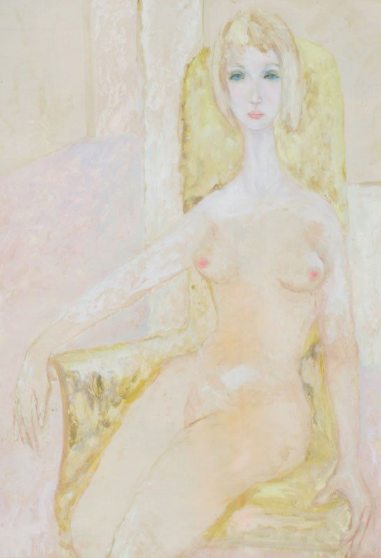 KIERSTEAD KUZULKA BLONDE NUDE PAINTING: KUZULKA, Kierstead, (American, 1905-1985): Blonde Seated Nude, OIL/Masonite, 39" x 27", unsigned, framed, 48" x 36" . Studied with Wayman Adams, Robert Henri, John Sloan, and Robert Brackman , to name