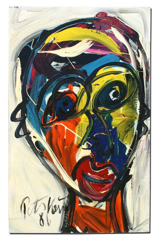 PETER KEIL PAINTING: KEIL, Peter, (German, 1942-): Portrait Bust of a Figure with Glasses, OIL/Masonite, 40" x 25 1/4", signed and dated 86, unframed.