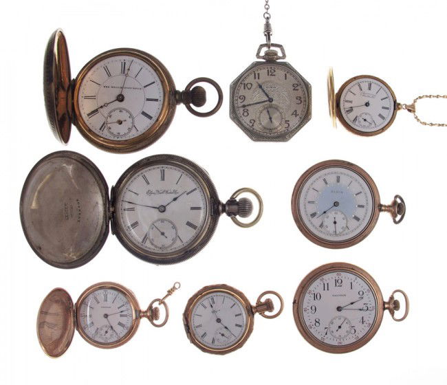 ESTATE GROUP OF 8 POCKET WATCHES: Fresh from an estate. 1) Elgin size 12, 17 jewels, gold filled. 2) Waltham Ladies hunter case, gold filled, 17 jewels. 3) 14K pendant watch converted to jewelry. 4) Hunters case Elgin, size 0. 5) Walt