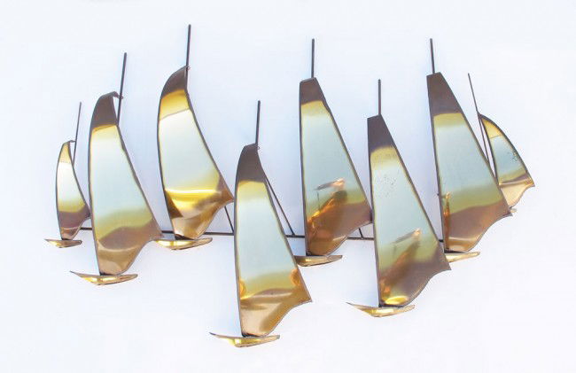 CURTIS JERE METAL ART: CURTIS JERE METAL WALL ALT OF SAILBOATS: 32" h x 48" w, signed.