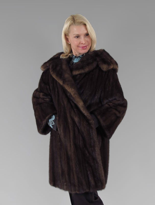 DARK BROWN MINK COAT: DARK BROWN MINK COAT: The collar is 11'' at the neck, bell sleeves. Approx 37''l., larger size.