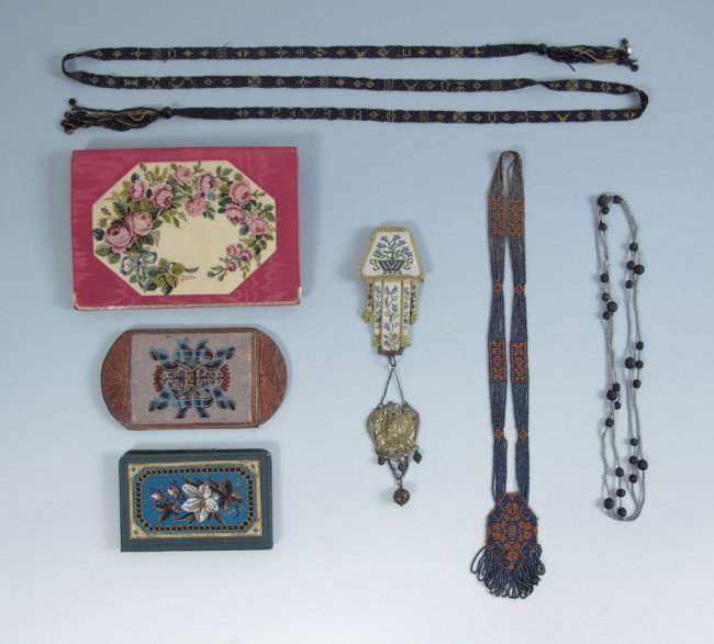 EXQUISITE COLLECTION OF BEAD WORK: EXQUISITE COLLECTION OF BEAD WORK: To include pouch, date book, belt. chatelaine.