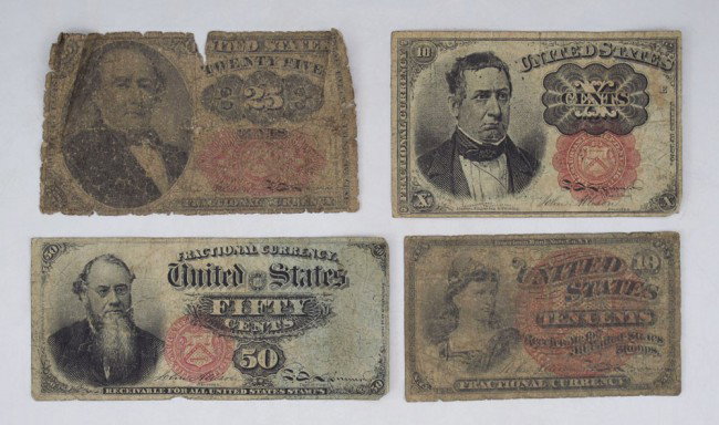 4 PIECE FRACTIONAL CURRENCY: 4 PIECE FRACTIONAL CURRENCY: To include 50 cent Stanton, 25 cent Dowd, 10 cent 4th & 5th issue. Ungraded.
