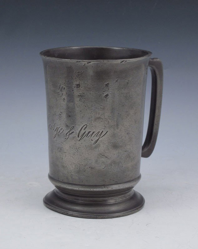 VICTORIAN BRICKS LANE ENGLISH PEWTER TANKARD: VICTORIAN BRICKS LANE ENGLISH PEWTER TANKARD: One quart with Victorian and Edwardian excise marks. Scratched "Bricks Lane" on bottom, most likely for Bricks Lane London, and George & Guy on side. 6 1/