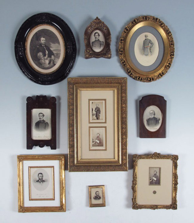 9 FRAMES CIVIL WAR OFFICERS CDV'S AND ENGRAVINGS: 9 FRAMES OF CIVIL WAR OFFICERS CDV'S AND ENGRAVINGS: Total of 9 frames with CDV's to include Grant, Zimmerman and unknown general. Engravings include Mansfield, Meagher, Banks, Lee, and Grant. Largest