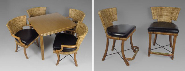 MCGUIRE FOR BAKER DINETTE SET: MCGUIRE FOR BAKER DINETTE SET WITH FOUR CHAIRS AND TWO BARSTOOLS: Rattan backs with faux leather seats surround a faux bamboo wooden square dinette table bearing the McGuire label. Table 28 1/2" x 36"