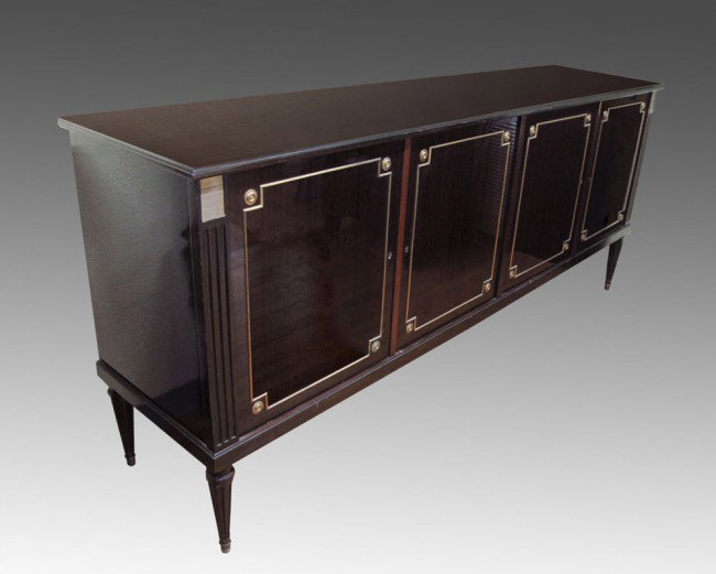 GORGEOUS FRENCH STRIPED MAHOGANY CREDENZA: GORGEOUS FRENCH STRIPED MAHOGANY AND BRASS CREDENZA: 38" h x 21" d x 88" w. Interior label Ameublement Meuble N.F. 91. The right side lockable two doors reveal a shelved interior. The next door over i