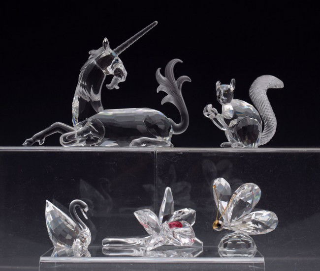 SWAROVSKI BUTTERFLY SWAN ORCHID SQUIRREL UNICORN: 5 SWAROVSKI CRYSTAL FIGURINES: Butterfly, large, team design, 1982, retired 2006, signs of being reattached to base; Swan, designed by A. Hirzinger, 1995; The Unicorn from Fabulous Creatures, designed