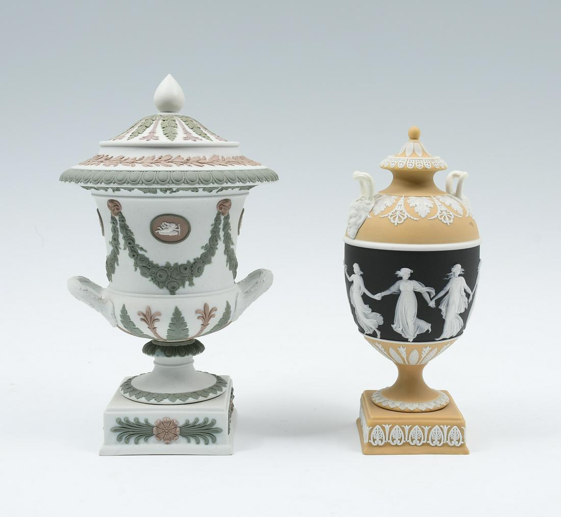2 ANTIQUE TRI-COLOR WEDGWOOD COVERED URNS (1 of 5)