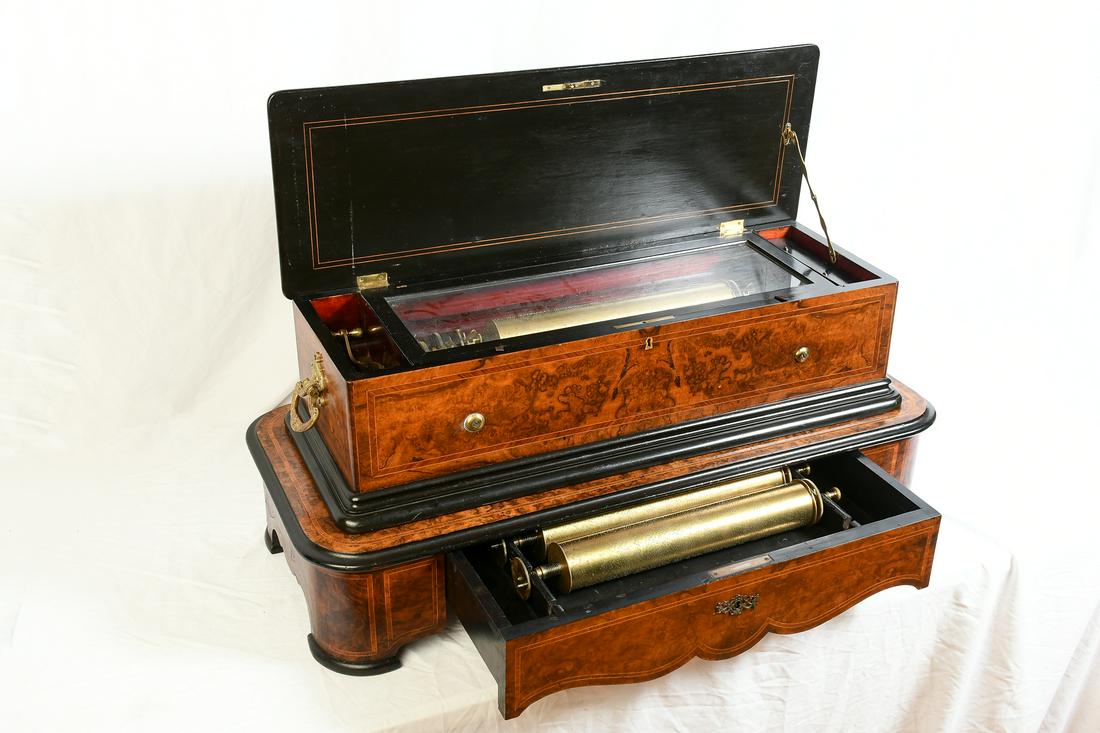 SWISS CYLINDER MUSIC BOX W/ BASE AND 2 EXTRA ROLLS (1 of 7)