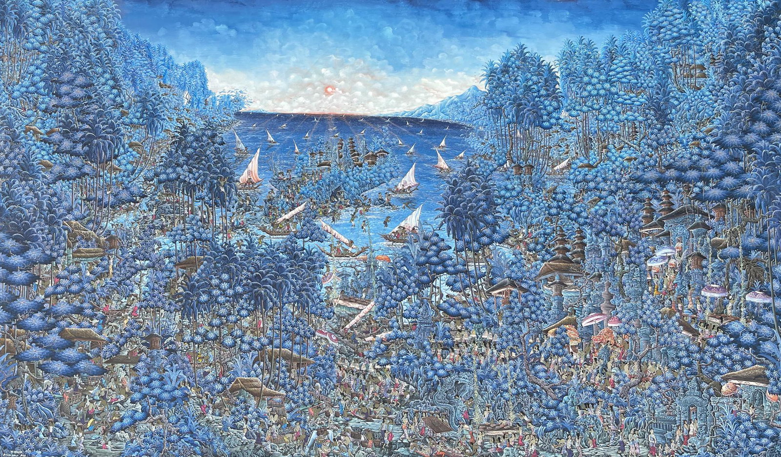 FANTASTIC WAYAN KALER BALINESE PAINTING: KALER, Wayan, (Indonesian, b. 1960): Highly involved intricate Balinese Tropical Landscape with Multitudes of Figures, Animals, Idols, Boats, etc. Oil/Canvas, 43.5'' x 73'', signed lower left and titl
