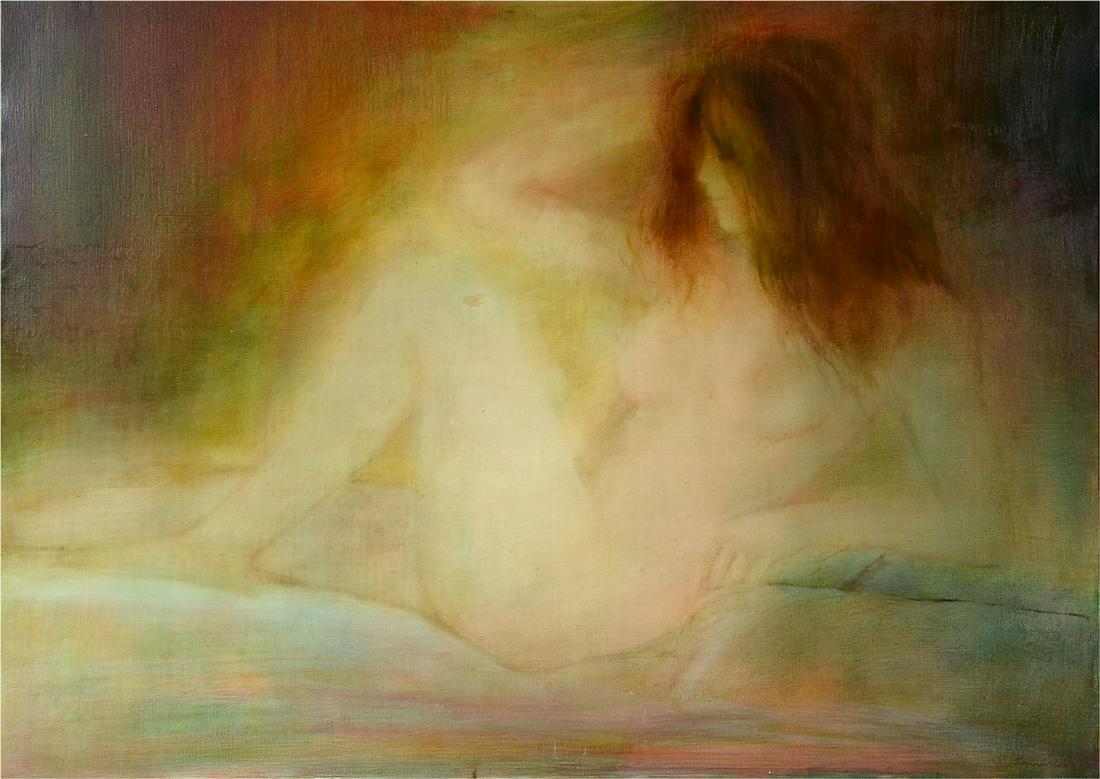 TOMISLAV NIKOLIC NUDE OIL PAINTING: NIKOLIC, Tomislav, (Macedonia, 1937-): Reclining Nude, Oil/Canvas, 30'' x 40'', illegibly signed lower right and framed, 36'' x 46.5''. Reportedly purchased at an art gallery exhibition for $3000 by t