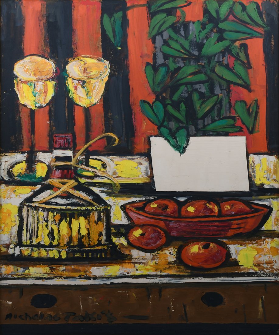 NICHOLAS TAKIS MCM INTERIOR STILL LIFE PAINTING: TAKIS, Nicholas, (American, 1903-1965): Modernist Interior Still Life, Oil/Board, 36" x 18", signed lower left, framed, 36.75" x 18.75".