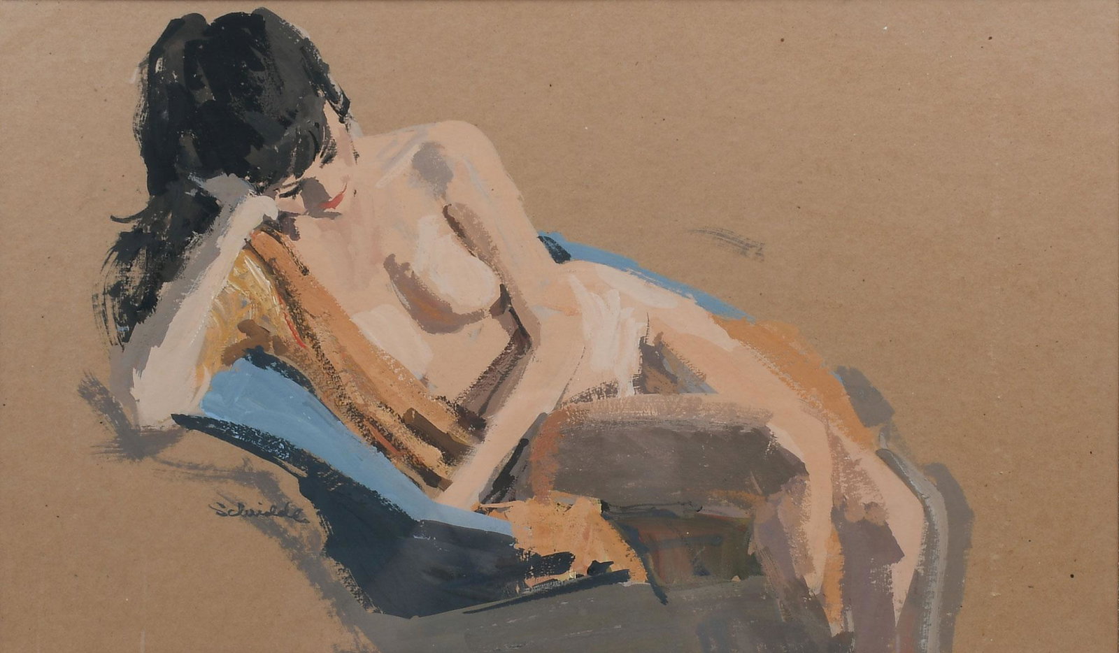 CHARLES SCHRIDDE FEMALE NUDE PAINTING: SCHRIDDE, Charles, (American, 1926-2011): Female Nude Model Reclining, Gouache, sight size 11.5" x 19.5", signed in the left margin, framed, 20" x 28".