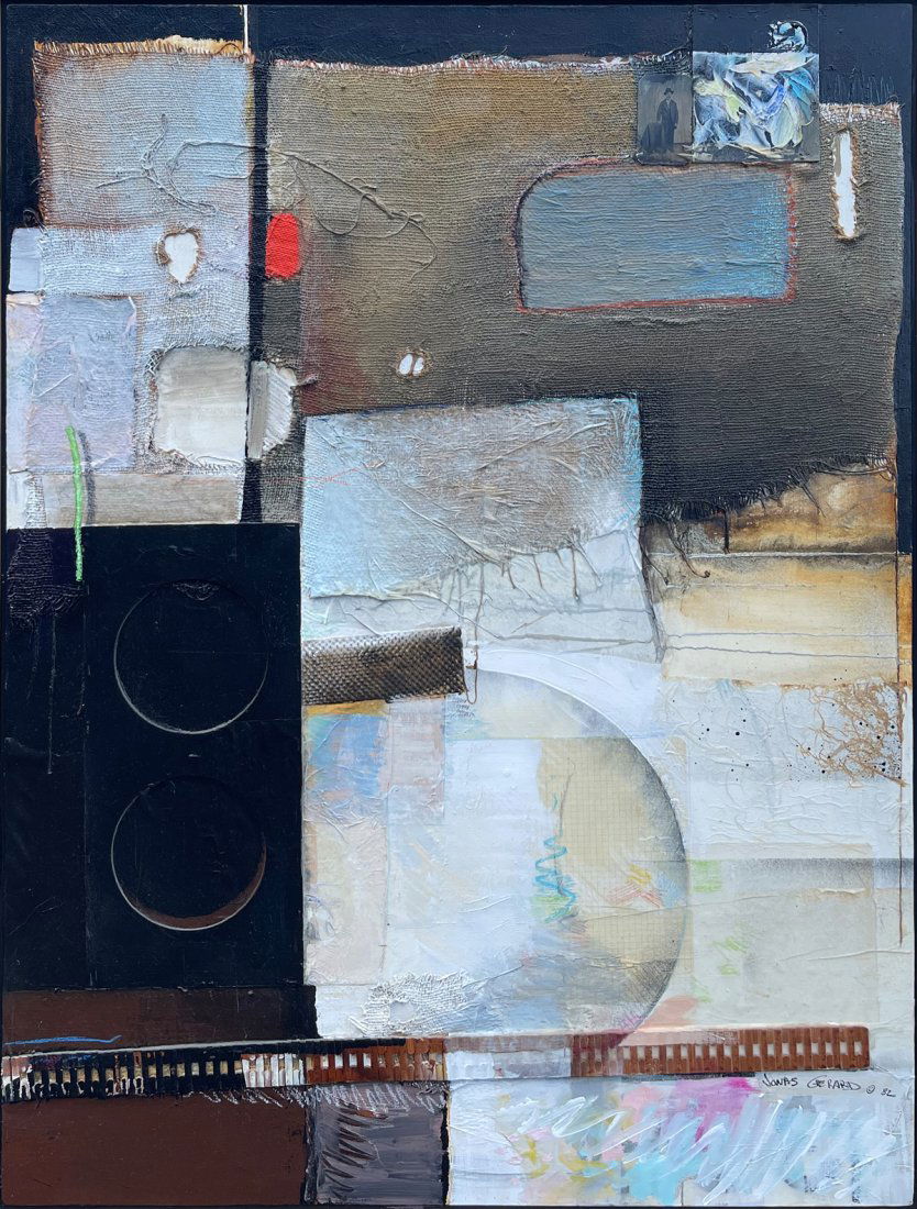 JONAS GERARD ABSTRACT PAINTING: GERARD, Jonas, (American, b. 1941): ''On the Way to Find Out'', Mixed Media Oil/Canvas with Collage, 50'' x 37'', signed lower right and dated '82, signed titled and dated verso, thin-edge wood frame,