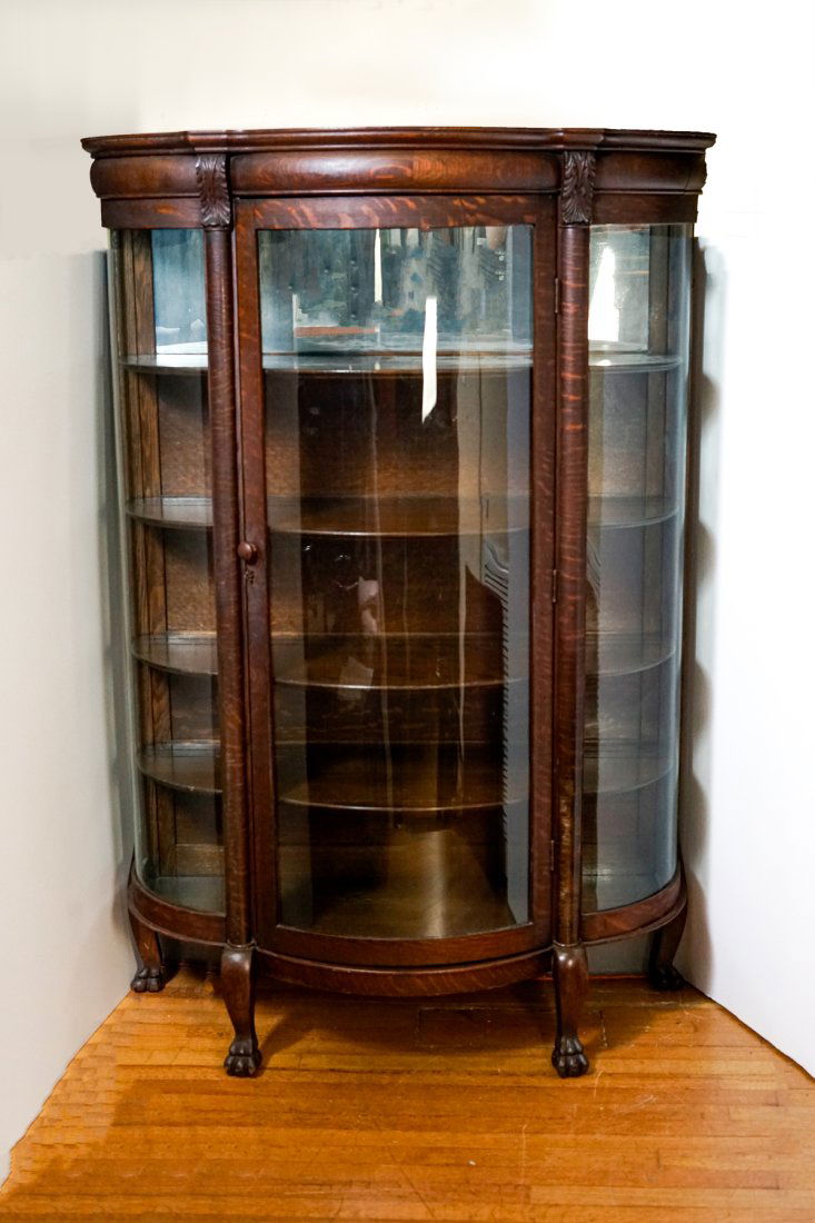 TRIPLE BOW OAK CURIO CABINET (1 of 4)