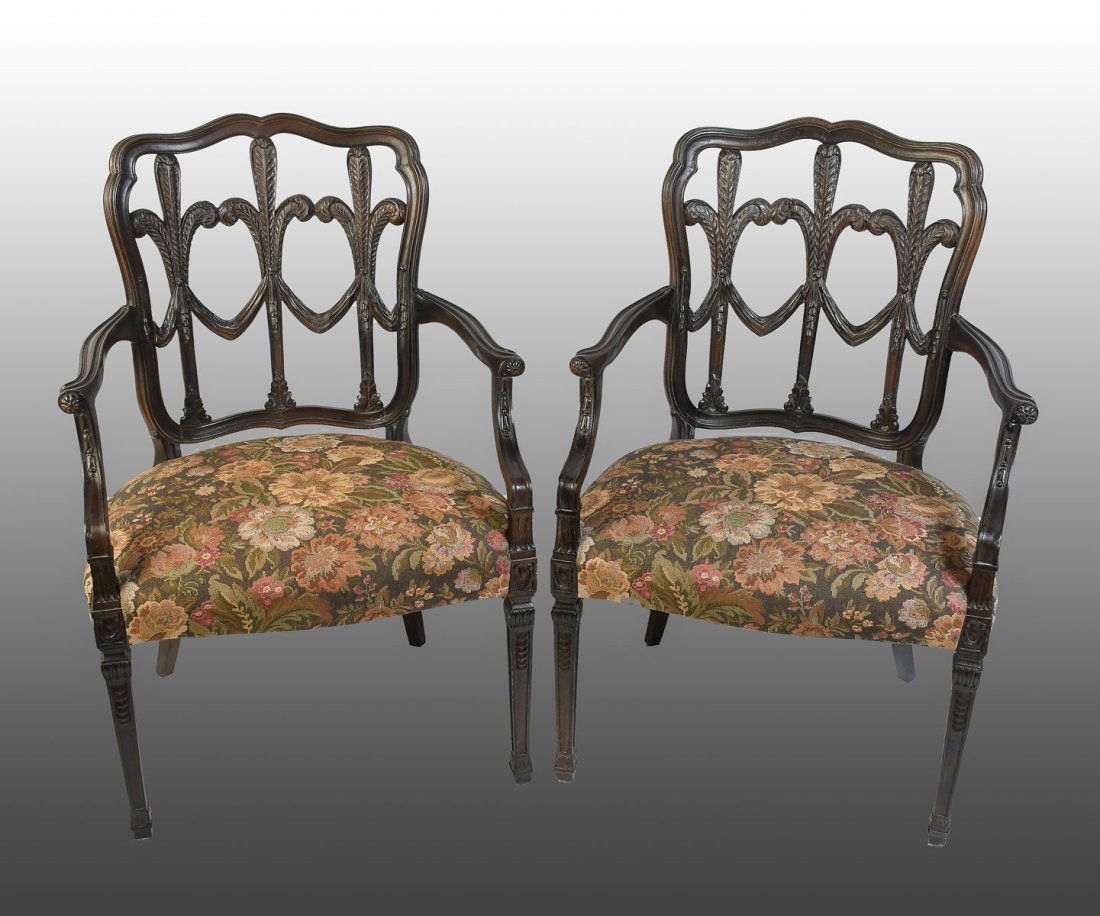 PAIR OF CARVED HEPPLEWHITE STYLE ARMCHAIRS (1 of 4)