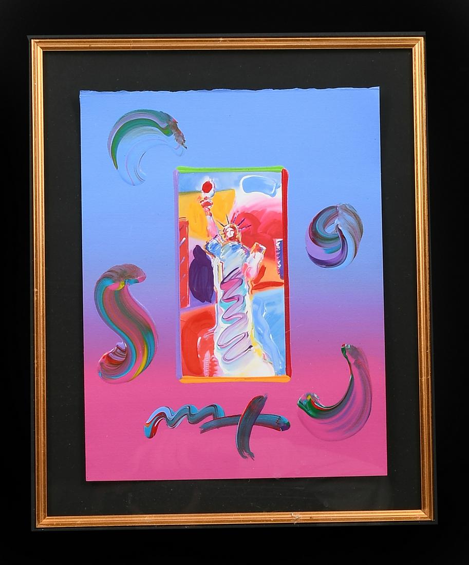 PETER MAX STATUE OF LIBERTY MIXED MEDIA ON PAPER: MAX, Peter, (American/German, b. 1937): ''Statue of Liberty'', Original Acrylic Mixed Media/Paper, an original work of art, 11'' x 8.5'', signed bottom margin, executed in 2010, custom framed, 32.5''