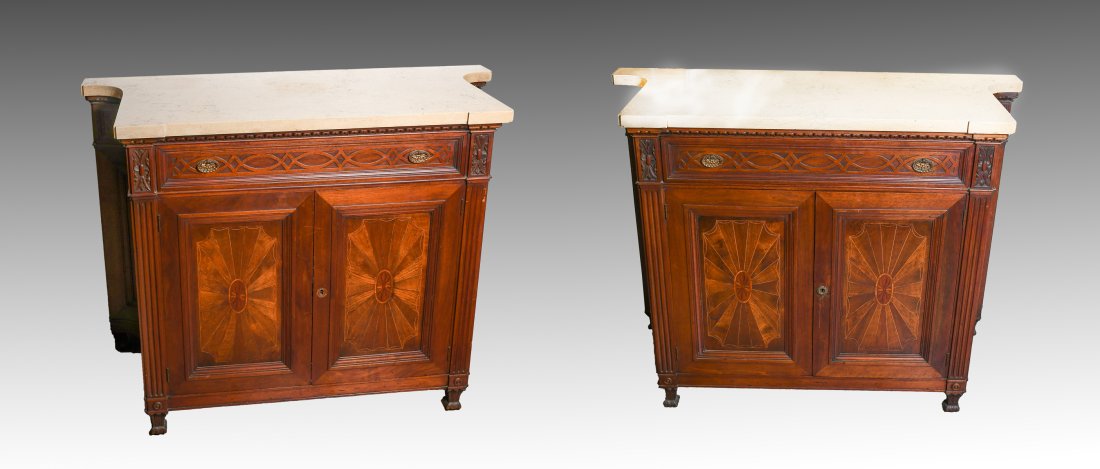 PAIR OF INLAID MARBLE TOP CABINETS (1 of 3)