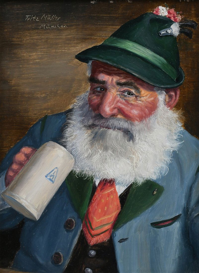 FRITZ MULLER PORTRAIT PAINTING: MULLER, Fritz, (German, 1913-1972): Fine Portrait Painting of a White-Bearded Gentleman Drinking from a Stein, Oil/Masonite, 9.25" x 7", signed upper right, framed, 14" x 12".