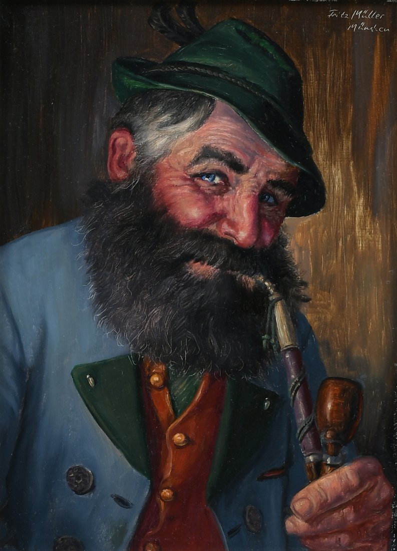 FRITZ MULLER PORTRAIT PAINTING: MULLER, Fritz, (German, 1913-1972): Fine Portrait Painting of a Bearded Gentleman Smoking a Pipe, Oil/Masonite, 9.25" x 7", signed upper right, framed, 14.25" x 12".
