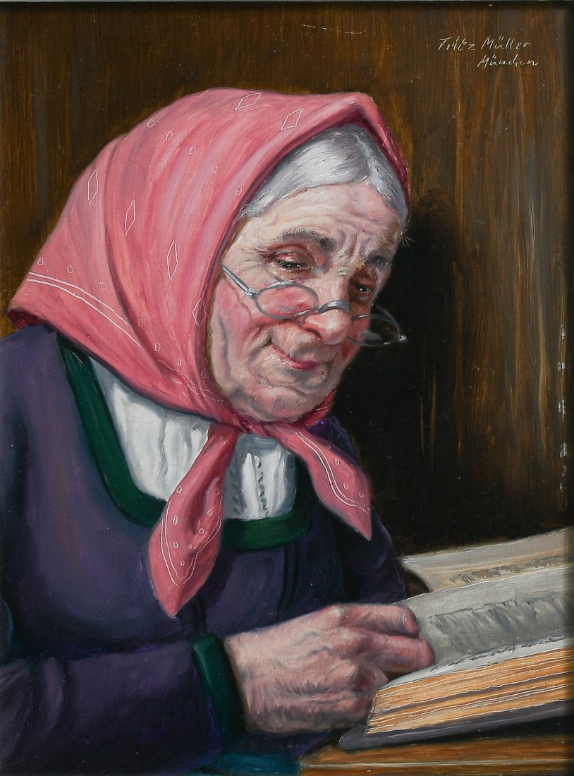 FRITZ MULLER PORTRAIT PAINTING: MULLER, Fritz, (German, 1913-1972): Portrait of an Elderly Woman Facing Right Reading, Oil/Masonite, 9.25" x 7", signed upper right, framed, 14.5" x 12.25".