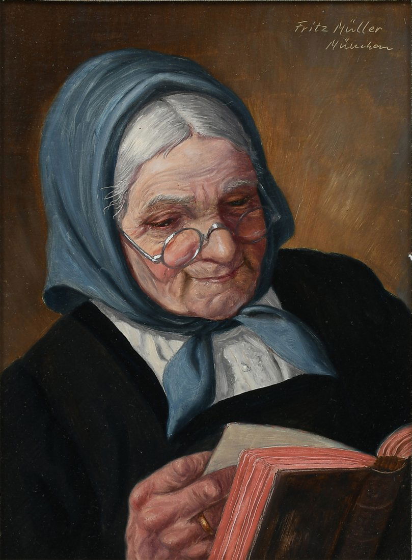 FRITZ MULLER PORTRAIT PAINTING: MULLER, Fritz, (German, 1913-1972): Elderly Woman with Gray Scarf Reading, Oil/Masonite, sight size 8.5" x 6.25", signed upper right, framed, 14.5" x 12.25".