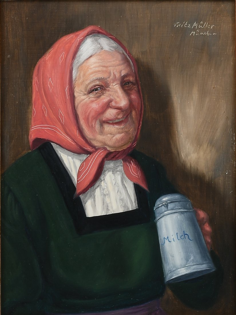 FRITZ MULLER PORTRAIT PAINTING: MULLER, Fritz, (German, 1913-1972): Portrait of an Elderly Woman Drinking a Pint, Oil/Masonite, 9.25" x 7", signed upper right, framed, 16.25" x 14".