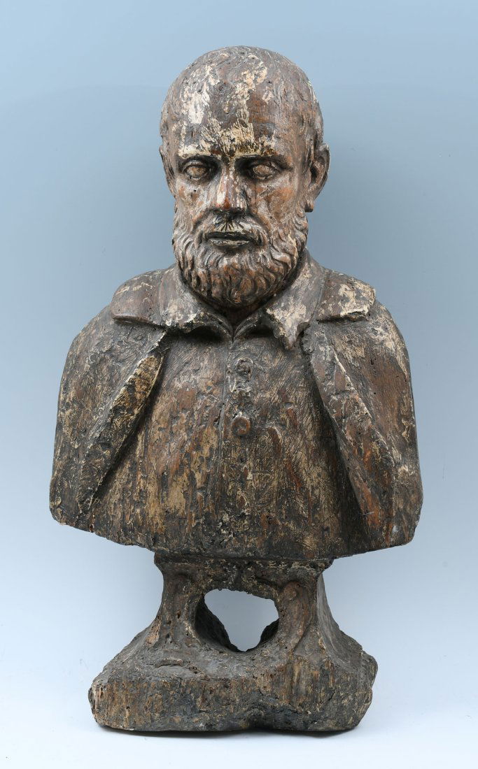 EARLY CARVED WOOD AND GESSO BUST OF A BEARDED MAN (1 of 5)