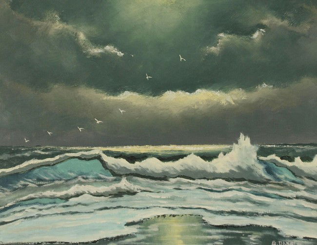 WILLIE DANIELS FLORIDA HIGHWAYMEN PAINTING: DANIELS, Willie, (American, 20th Century): Florida Highwaymen surf scene, OIL/Masonite, 18" x 24", framed 22" x 28 1/4".