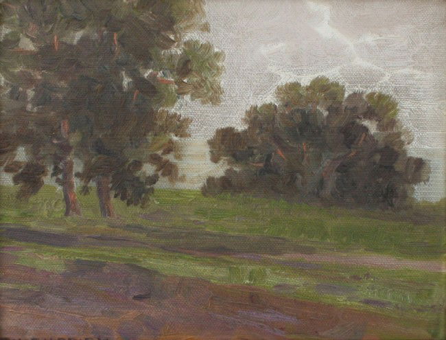 F.W. CUPRIEN LANDSCAPE PAINTING: CUPRIEN, Frank William, (American, 1871-1948): Landscape with Trees, Oil/Canvasboard, 8" x 10", signed, handmade frame, 12" x 14 1/4".