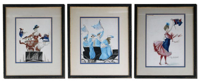 3 F. EARL CHRISTY ILLUSTRATIONS: CHRISTY, F. E, (American, 1882 - 1961): 3 Illustrations of Collegiate Cheerleaders, Watercolor and Gouache, sight size 9 3/4" x 8", all signed, matching frames, 16" x 14".
