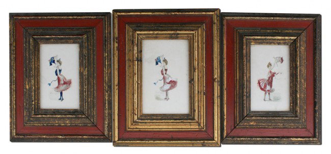 3 F. EARL CHRISTY ILLUSTRATIONS: CHRISTY, F. E, (American, 1882 - 1961): 3 Illustrations of Collegiate Cheerleaders from Harvard and Princeton, sight size 5" x 3", signed, matching frames, 10"x 8".