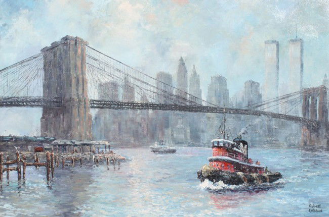 ROBERT LEBRON NEW YORK CITY PAINTING: LEBRON, Robert, (American, 20th C.): New York City Harbor Scene with Brooklyn Bridge and Tug Boat, Oil/Canvas, 24" x 36", signed, gilded frame, 30 1/2" x 40 1/2".