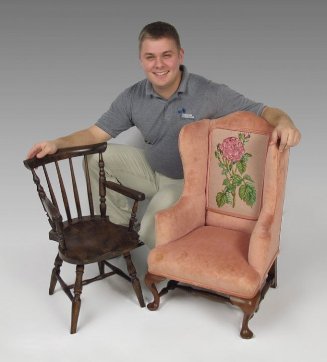 2 CHILDREN'S CHAIRS: 2 CHILDREN'S CHAIRS: To include 1) Mini comb back Windsor arm chair, molded wood seat with turned and splayed legs and stretcher. Custom cushion with pettipoint. 25" h. x 16" x 17". 2) Queen anne wing